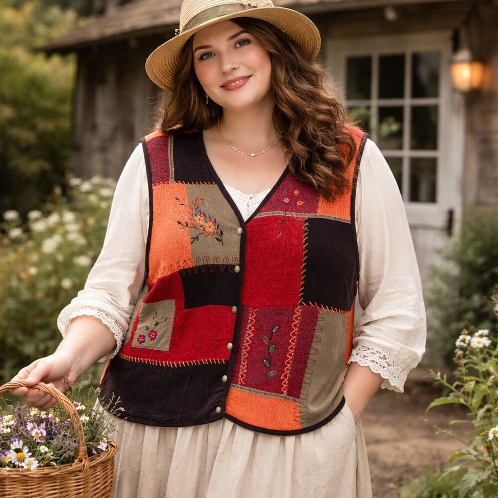 Vintage Napa Valley 90s Cottage Country Patch Button Vest Women’s Size 2X Fall